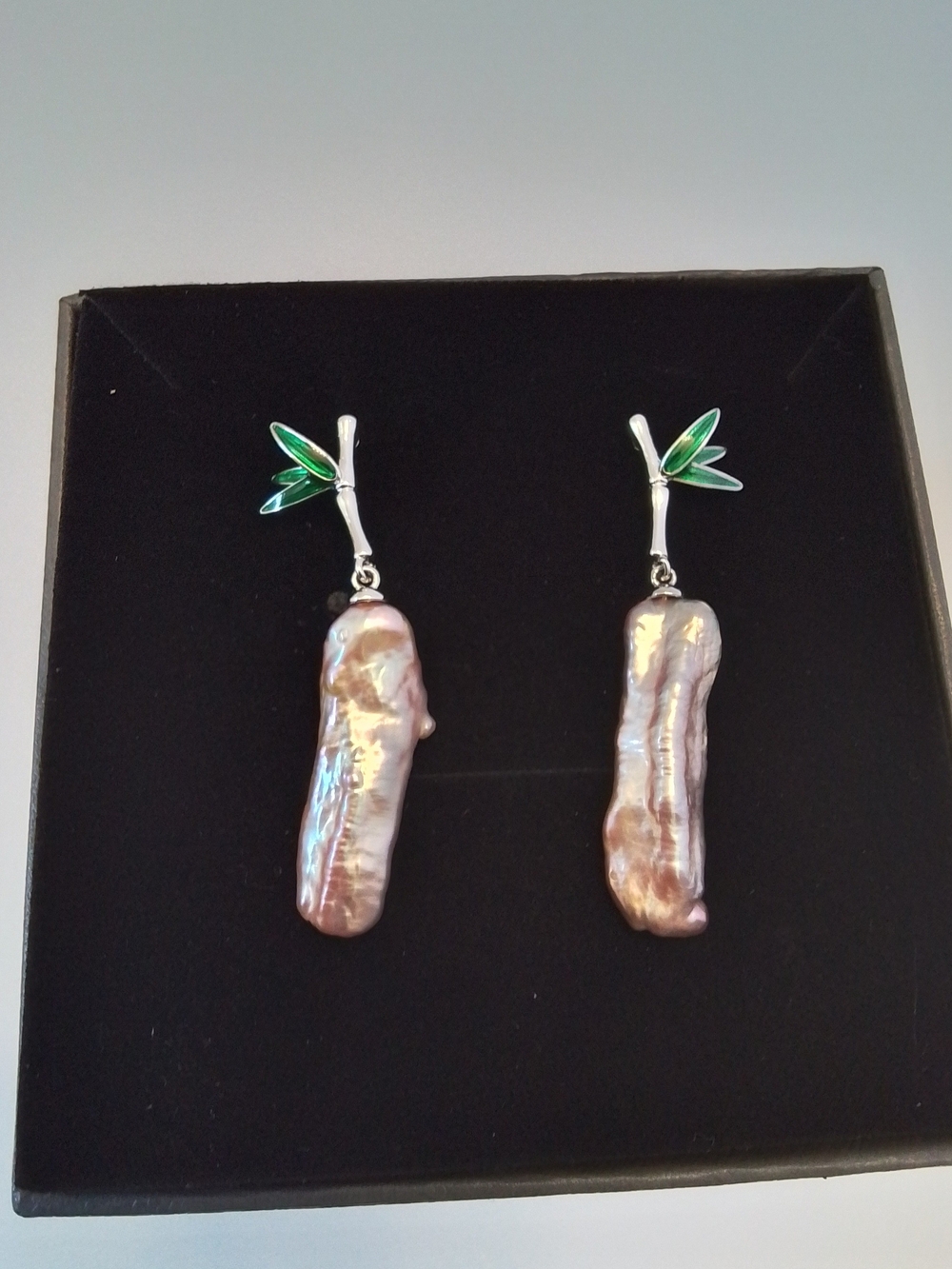 Green Leaf Drop Baroque Pearl Earrings